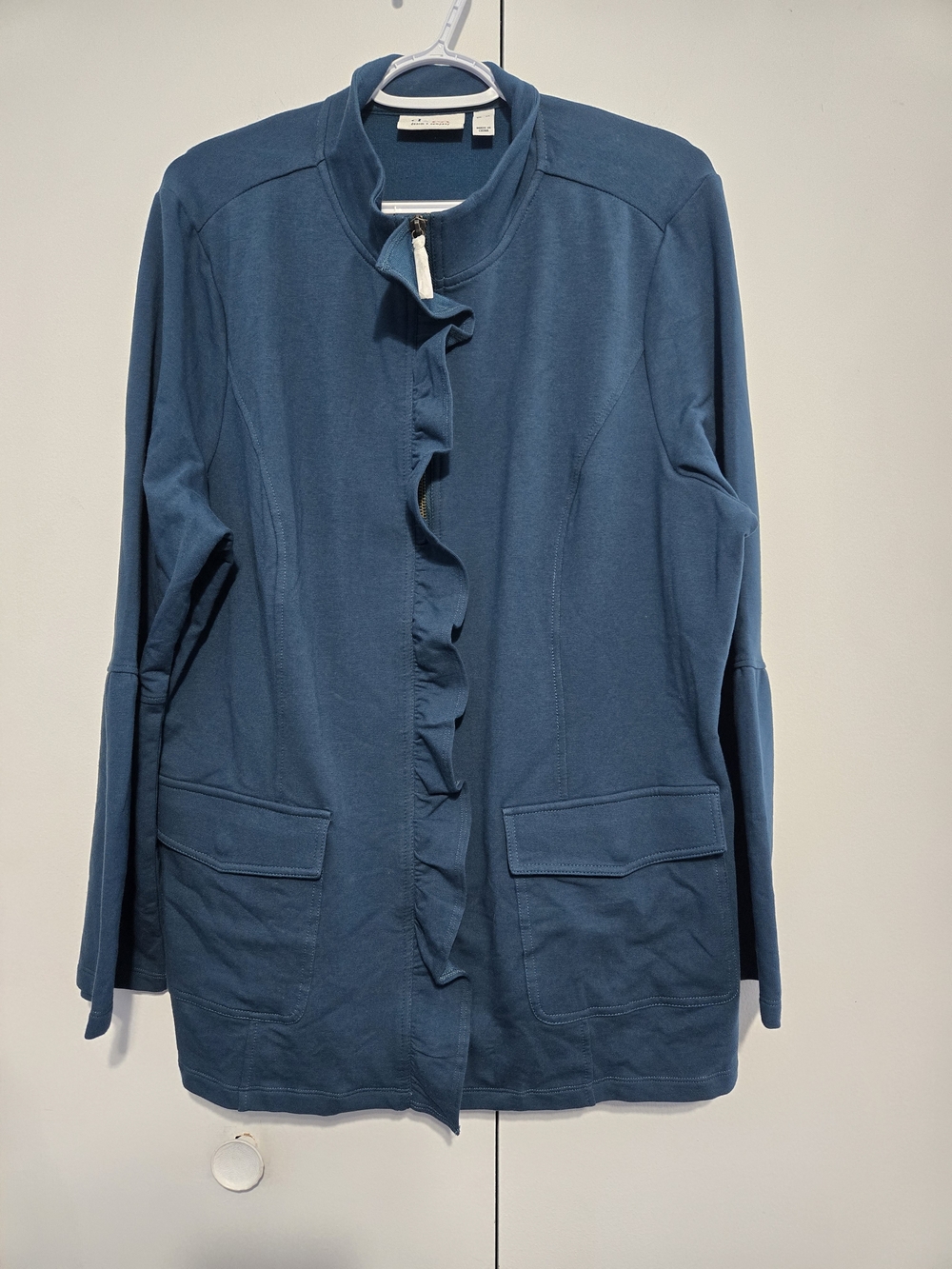 d&co Denim & Company Jacket XL Ruffle Zip Front Teal Blue Stretch Blazer